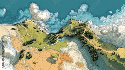 Hiking trail illustration map of ridge pass and valley