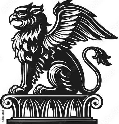majestic griffin statue with wings seated on classical pedestal, heraldic mythical creature symbolizing strength and protection