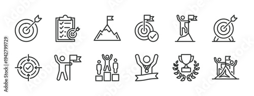 Goal achievement and success icons with targets and trophies