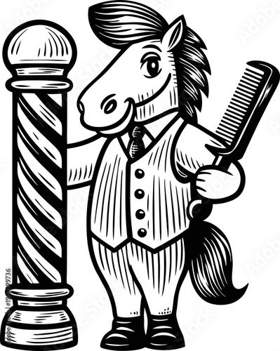 Horse barber mascot holding comb by classic barber pole lined striped pole with sphere top