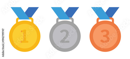 Gold silver and bronze medals with blue ribbons awarded for first second and third place