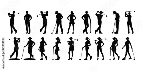 Golfers silhouettes set male and female players professional sport action poses golf course background