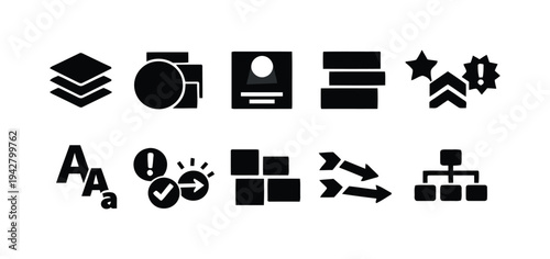 Graphic design and ui element icons showing layers text formatting and data arrangement