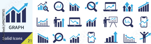Graph solid icon set showing growth, data analysis, and financial progress with various chart types