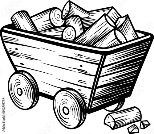 Wooden cart filled with chopped firewood logs hand drawn rustic wagon carrying timber pieces for fuel or construction use