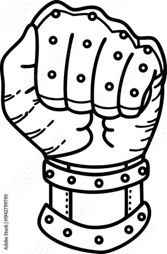 Medieval armored gauntlet clenched hand, metal protection with rivets and leather straps illustration