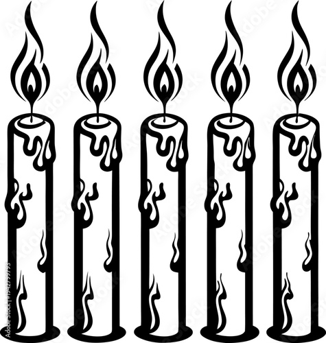 Five burning candles with melting wax and flickering flames, black and white minimalist design
