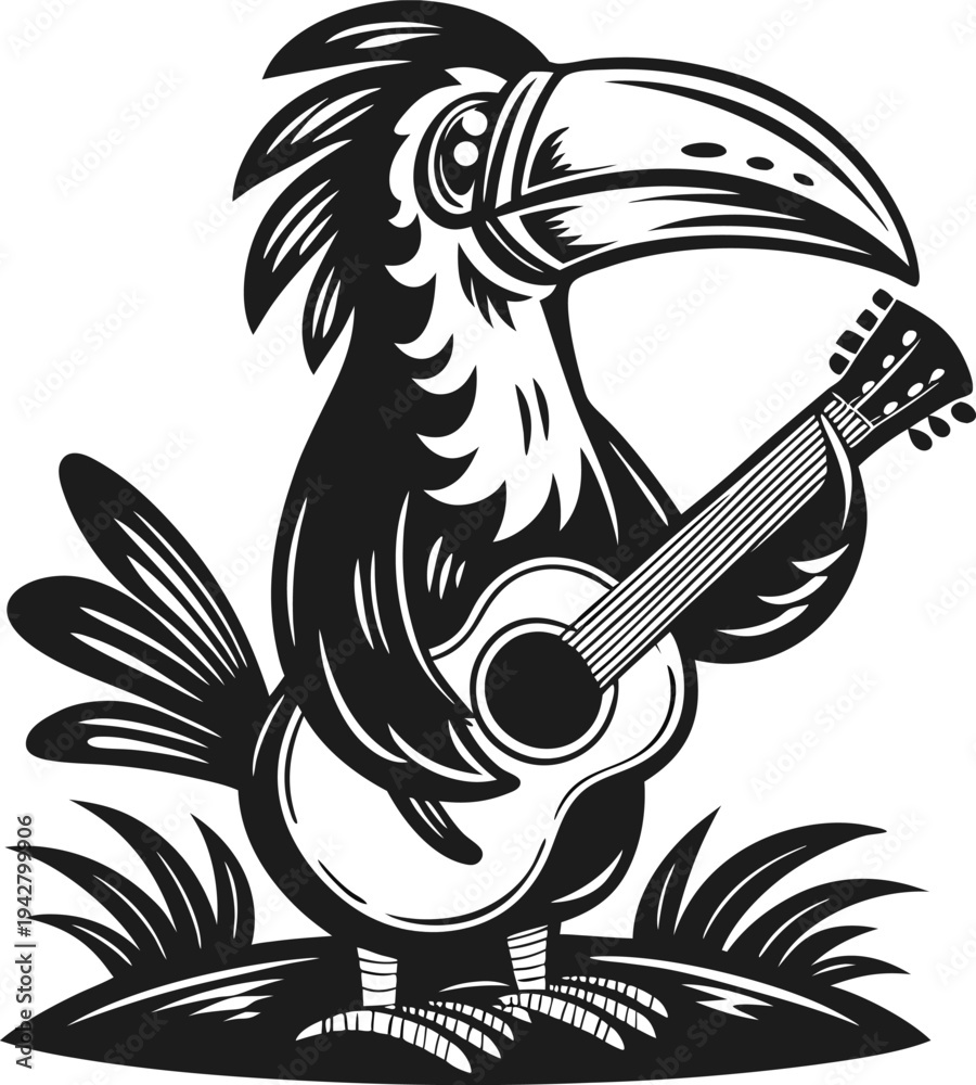 Fototapeta premium toucan playing guitar standing on grass, tropical bird with large beak, musical instrument and nature