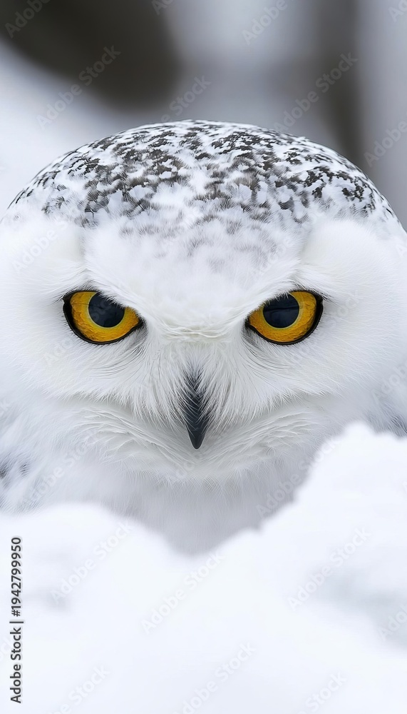 Fototapeta premium Majestic Arctic Hunter Snowy Owl Gazes from Its Bleached White Winter Habitat, Nature s Wonder