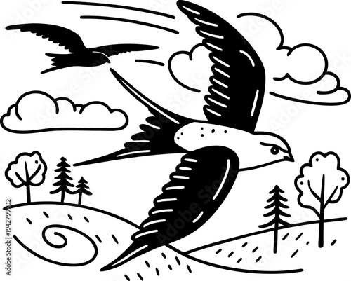 Swallow birds flying over countryside hills with trees and clouds in black and white line art