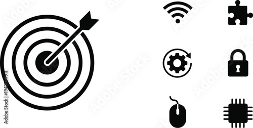 Target with arrow hitting bullseye vector illustration, flat design icons set, business goals and technology symbols