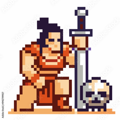 Pixel art warrior standing with large sword and skull on ground, retro 8 bit fantasy character design