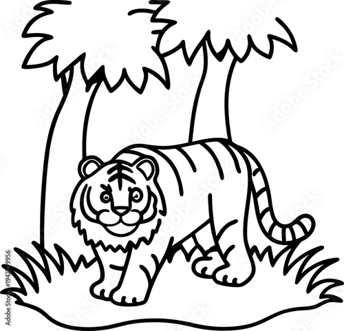 Tiger standing on grass near tropical trees, wildlife jungle animal outline illustration