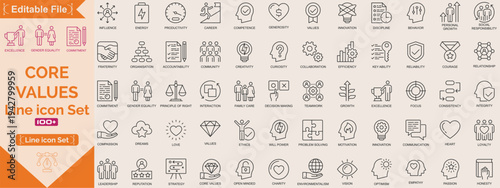 Core values Big line icons. core values, innovation, quality, responsibility, teamwork, reliability, focus, honesty icon. Vector