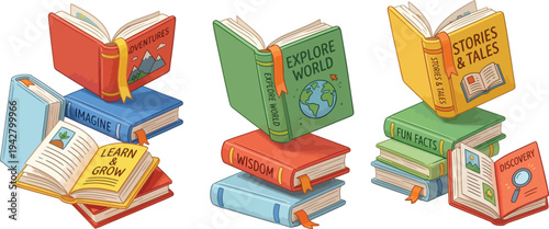 Colorful stacked books with creative titles vector illustration