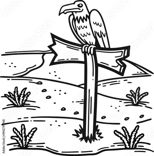 Vulture perched on a wooden signpost in a sparse desert landscape with small plants and sandy ground