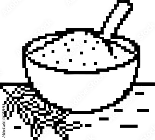Pixel art bowl filled with grain or porridge and a wooden spoon, rice stalks beside the bowl