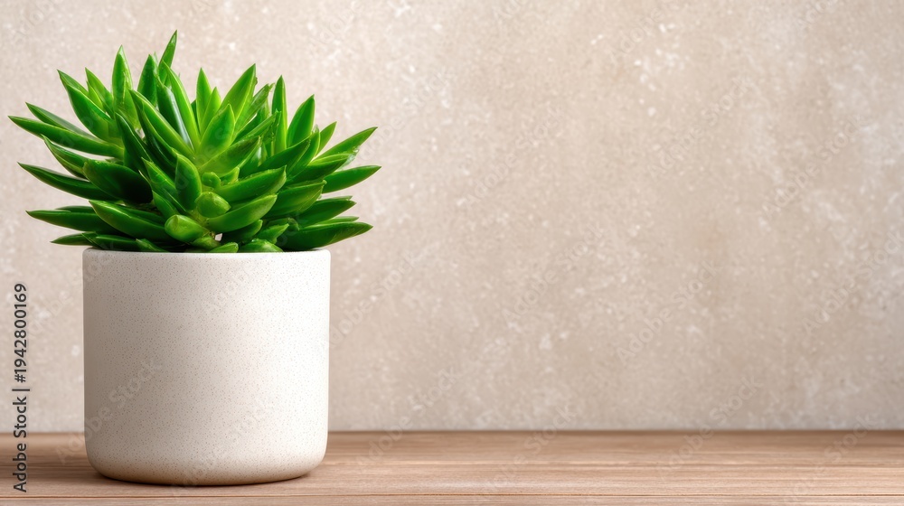 Fototapeta premium A striking green succulent nestled in a minimalist pot, showcasing the beauty of nature contrasted with modern design, bringing life and freshness to any space.