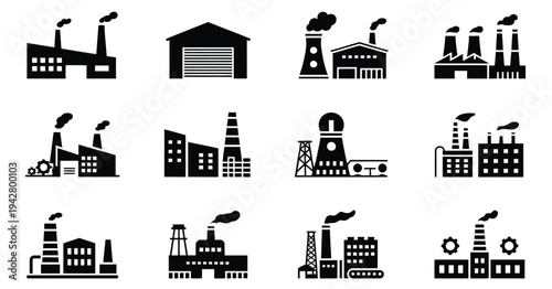 Industrial factories vector icons set, featuring factory illustrations, chemical plants, warehouses, nuclear energy facilities, and power industry buildings in vector format.