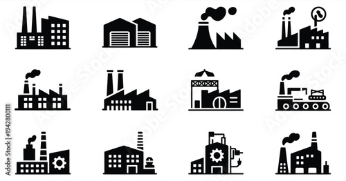 Industrial factories vector icons set, showcasing vector illustrations of factories, manufacturing plants, chemical production facilities, warehouses, and energy industry buildings 