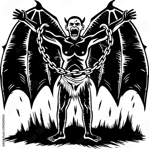 Chained demon with large bat wings roaring, standing with arms outstretched, dark silhouette illustration of mythical creature