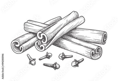 Black and white of cinnamon sticks and cloves spice ingredient