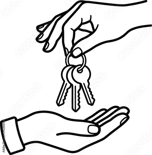 Hands exchanging keys, symbolizing property transfer or rental agreement, flat design vector illustration