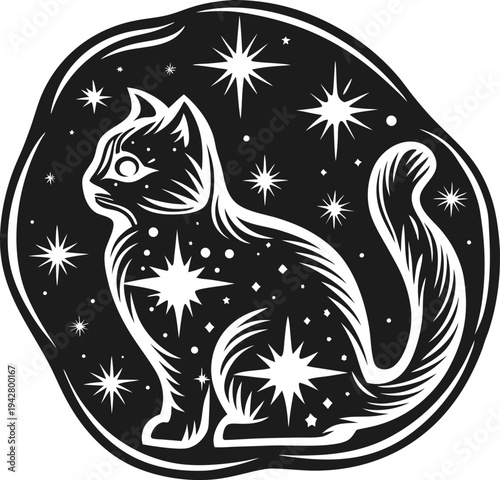 Mystical cat silhouette filled with stars and celestial elements, cosmic fantasy art with night sky and astrology symbols