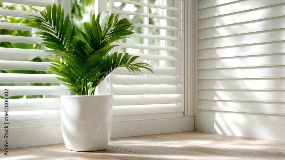 Fototapeta premium A vibrant green plant positioned by a bright window brings life to the indoor space, reflecting a sense of tranquility and the beauty of nature within home settings.