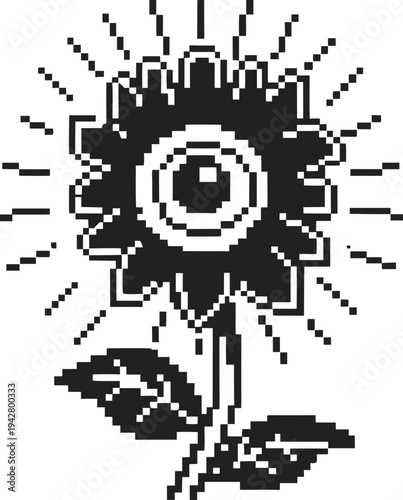 Pixelated sunflower icon with radiant lines, vintage digital flower illustration in black and white design