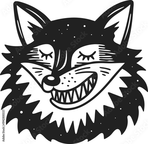 Smiling wolf face illustration with closed eyes and sharp teeth, bold black and white animal design