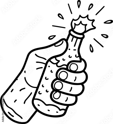 Hand opening a bottle with cap popping off, beverage container, refreshing drink concept illustration