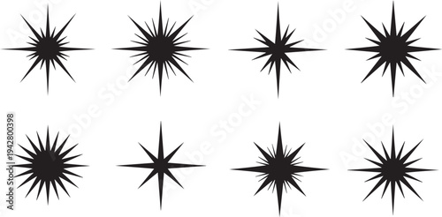 Collection of black starburst shapes on white background