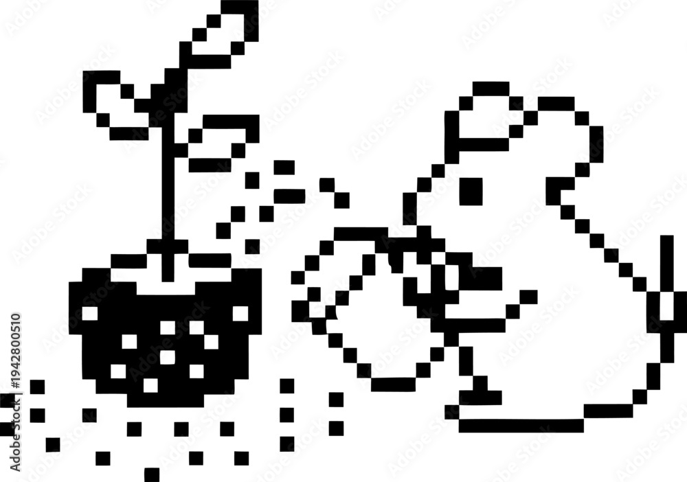 Fototapeta premium Pixel art mouse watering a small plant in a pot, gardening concept with digital 8 bit