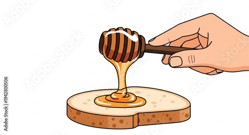 Hand drizzling honey on toast.