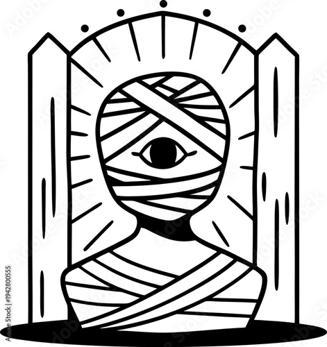 mystical mummy figure with a single eye wrapped in bandages standing between two pillars, radiating an aura of mystery and ancient symbolism