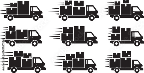 Moving trucks with boxes in motion on white background