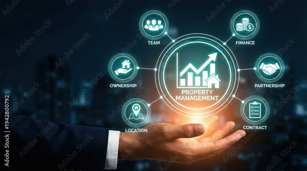 Fototapeta premium Property management concept with a hand holding a glowing circle containing a house graph and connected icons representing team finance partnership and more real estate