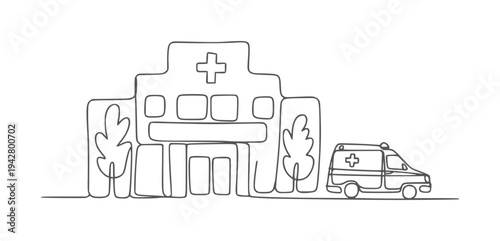 Minimalist line of a hospital building with an ambulance medical vehicle
