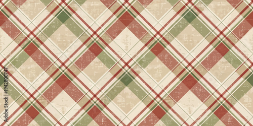 Classic plaid pattern with red, green, and white diagonal stripes on a light background Vector