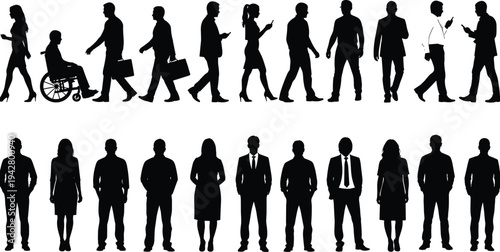 Business people silhouettes walking and standing in diverse professional poses isolated on white background representing modern workplace concepts