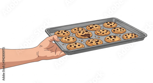 Hand Holding Baking Tray with Cookies.