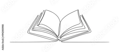 Open book drawn with single continuous dark gray line white reading knowledge education