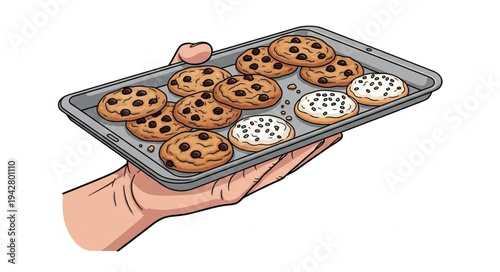 Hand holding baking tray with cookies.