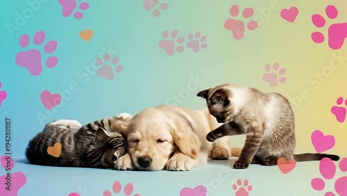 Wallpaper Mural Cute puppy and kittens playing and sleeping together. Torontodigital.ca