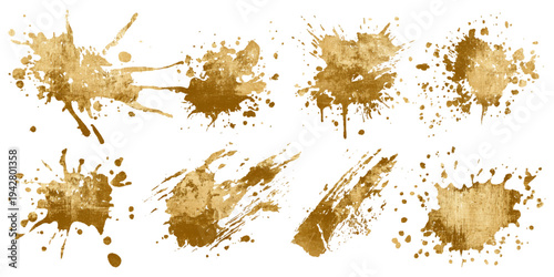 Luxury golden grunge paint brush stroke set splash vector design. abstract gold foil stain artistic line element banner border frame background.