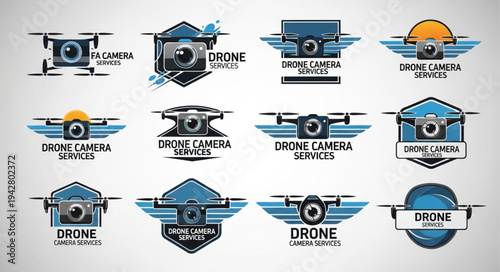 Collection of drone camera service logo designs for aerial photography.