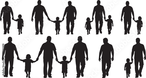 Silhouettes of parents and children walking together happily outdoors