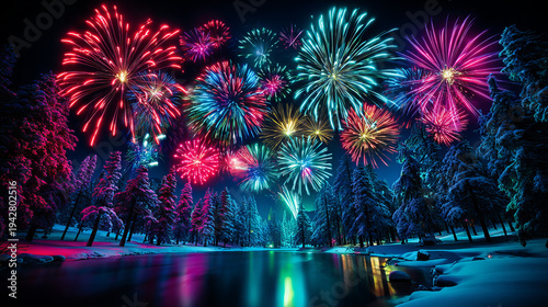 Wallpaper Mural Vibrant Night Sky Festive Fireworks Over Snowy Forest and Reflective Lake Torontodigital.ca