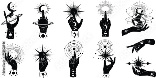 Celestial Mystic Hands Illustration Set with Moon Sun Saturn and Stars in Aesthetic Witchy Magic Occult Bohemian Black Vector Line Art